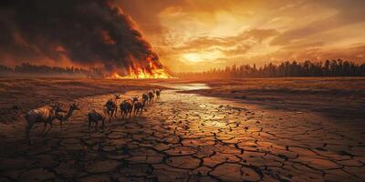 Endangered Wildlife Climate Change Drought Wildfire Sunset Dry Riverbed Herd Animals Migration 8k photo