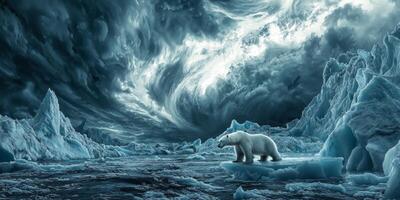 Arctic Polar Bear on Melting Ice Floe Dramatic Cloudscape Climate Change photo