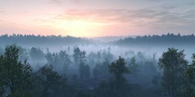 Misty Dawn Forest Serene Sunrise Landscape Photography photo