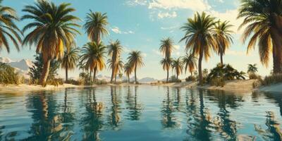Serene Oasis Palm Trees Reflecting in Crystal Clear Water Desert Landscape photo