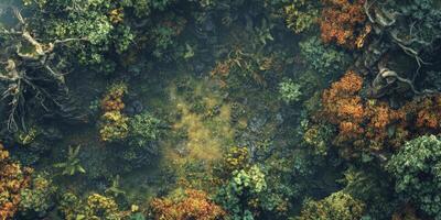 Aerial View of Ancient Forest Canopy Autumnal Hues Lush Greenery photo