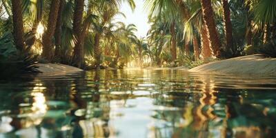 Serene Oasis Palm Trees Reflecting in Crystal Clear Water at Sunset photo