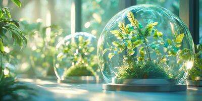 Futuristic Glass Domes with Lush Greenery Holographic Plants High Resolution Image photo