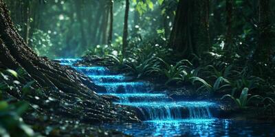 Mystical Rainforest Waterfall Glowing Stream Lush Foliage 8K Nature photo