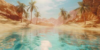 Serene Oasis Desert Palm Trees Reflecting in Crystal Clear Water photo