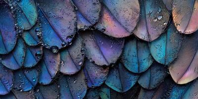 Iridescent Bird Feathers with Dew Drops Macro Photography photo