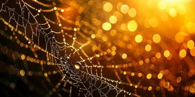 Golden Sunrise Dewdrops on Intricate Spiderweb Macro Photography photo