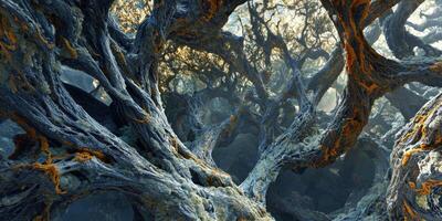 Mystical Forest Canopy Twisted Branches Moss Lichen Ancient Trees Fantasy Landscape Nature 8k High photo