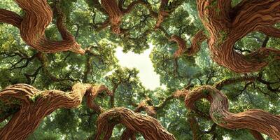 Majestic Ancient Forest Canopy Twisted Trees Lush Greenery High Resolution Nature Image photo