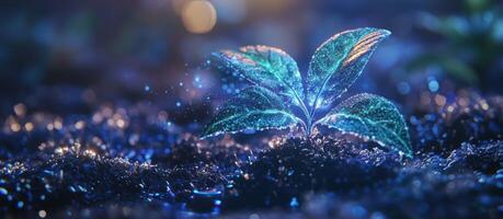 Futuristic Plant Glowing Leaves Holographic Water High Resolution 8k Nature Technology Sci fi photo