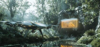 Futuristic Drone Monitoring Air Soil Quality in Lush Forest photo