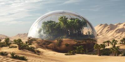 Glass Dome Rainforest Oasis in Arid Desert Landscape photo