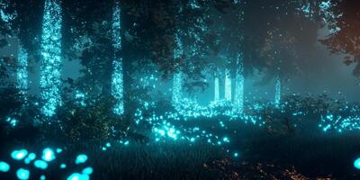 Enchanted Bioluminescent Forest at Night Magical Glowing Trees Firefly Landscape photo