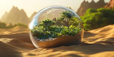 Miniature Rainforest Ecosystem in Glass Dome Desert Background photo