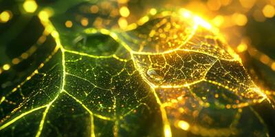 Golden Sunrise Dewdrop on Green Leaf Macro Nature Background photo