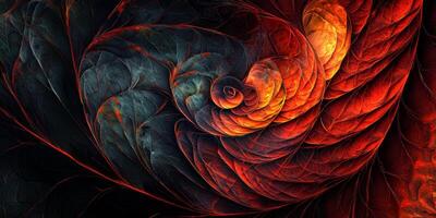Fiery Abstract Leaf Fractal 8K Digital Art Nature Inspired Red Orange Teal Swirls photo