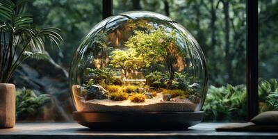 Miniature Rainforest Ecosystem in Glass Dome Sustainable Terrarium Climate Change Adaptation photo
