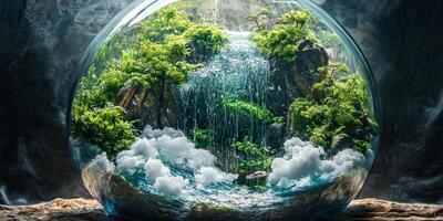 Miniature Waterfall Terrarium Ecosphere Plants Nature Water Cycle Glass Globe 8K High Resolution photo