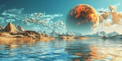 Alien Planet Landscape Futuristic Mountains Lake Burning Planet photo