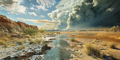 Arid Landscape Dramatic Desert Scene with Mirage Sandstorm Stream photo