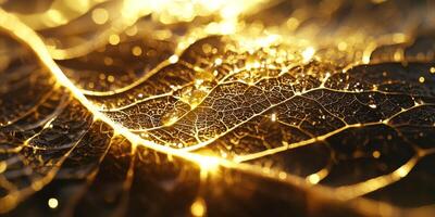 Golden Leaf Veins Macro Photography of Dewdrops Sunlight photo