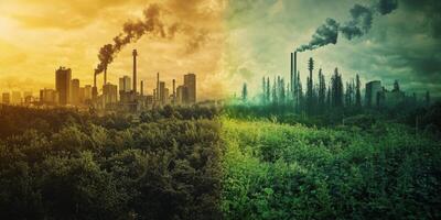 Industrial Pollution vs Lush Nature Environmental Contrast photo