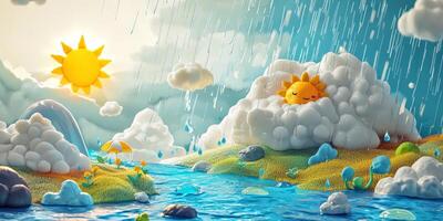 Playful Cartoon Water Cycle Sun Clouds Rain River Illustration photo