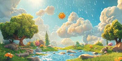 Sun Rain Clouds Cartoon Landscape Idyllic Nature Scene 8k Illustration photo