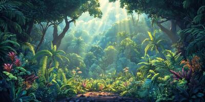 Lush Tropical Rainforest Sunbeams Tranquil Jungle Scene High Resolution 8K Image photo