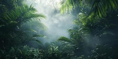 Lush Tropical Jungle Misty Rainforest 8K High Resolution Deep Green Foliage Sunbeams photo