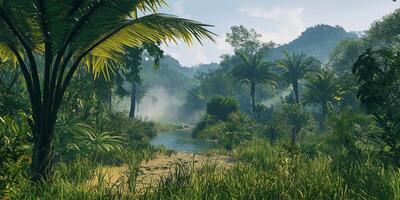 Lush Tropical Rainforest Landscape River Palms and Tranquil Nature Scene photo