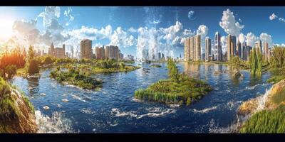 Futuristic Cityscape Water Cycle Urban Paradise 8K Panoramic photo