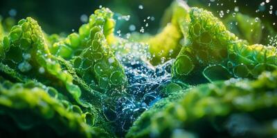 Lush Green Ecosystem Macro Water Droplets on Vibrant Plant Life photo