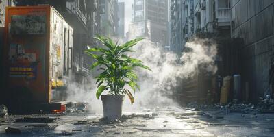 Resilient Plant in Urban Decay Smog Cityscape Hope photo