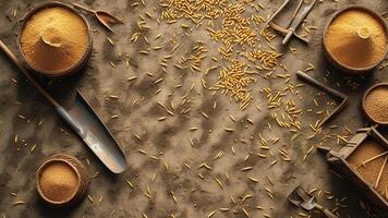 Agricultural tools and grains on rustic surface photo