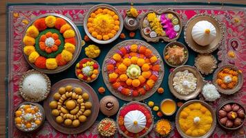 Overhead view of vibrant Indian sweets, flowers, and offerings. photo
