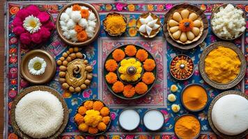 Overhead view of colorful Indian sweets, flowers, and spices arranged on a patterned cloth. photo
