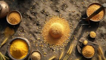 Top view of harvested wheat grains in bowls and on ground. photo