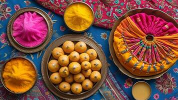 Top view of Holi festival sweets and vibrant colors. photo