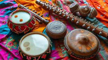 Close up of various traditional Indian musical instruments. photo