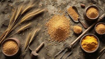 Overhead view of wheat grains, farming tools, and golden harvest. photo