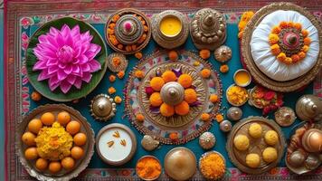 Overhead view of vibrant Indian sweets, flowers, and ceremonial items. photo