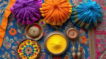 Colorful fabrics, turmeric, and traditional decor. photo