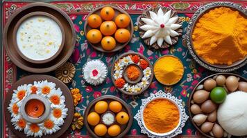 Overhead view of colorful Indian sweets, spices, and flowers arranged on a tray. photo