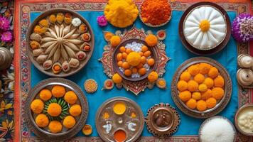 Overhead view of colorful Indian sweets and flowers for a festive occasion. photo