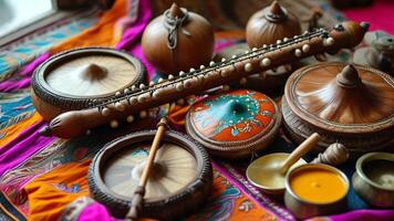 Close up of ethnic musical instruments and ceremonial bowls. photo