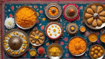 Overhead view of colorful Indian sweets and decorations. photo