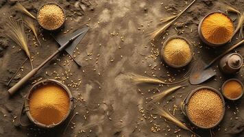 Top view of harvested grains, farming tools, and wheat stalks on soil. photo