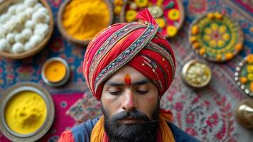 Close up of a man in meditation, surrounded by vibrant colors and traditional Indian elements. photo