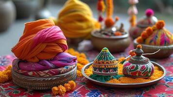 Traditional Indian wedding attire and ceremonial items. photo